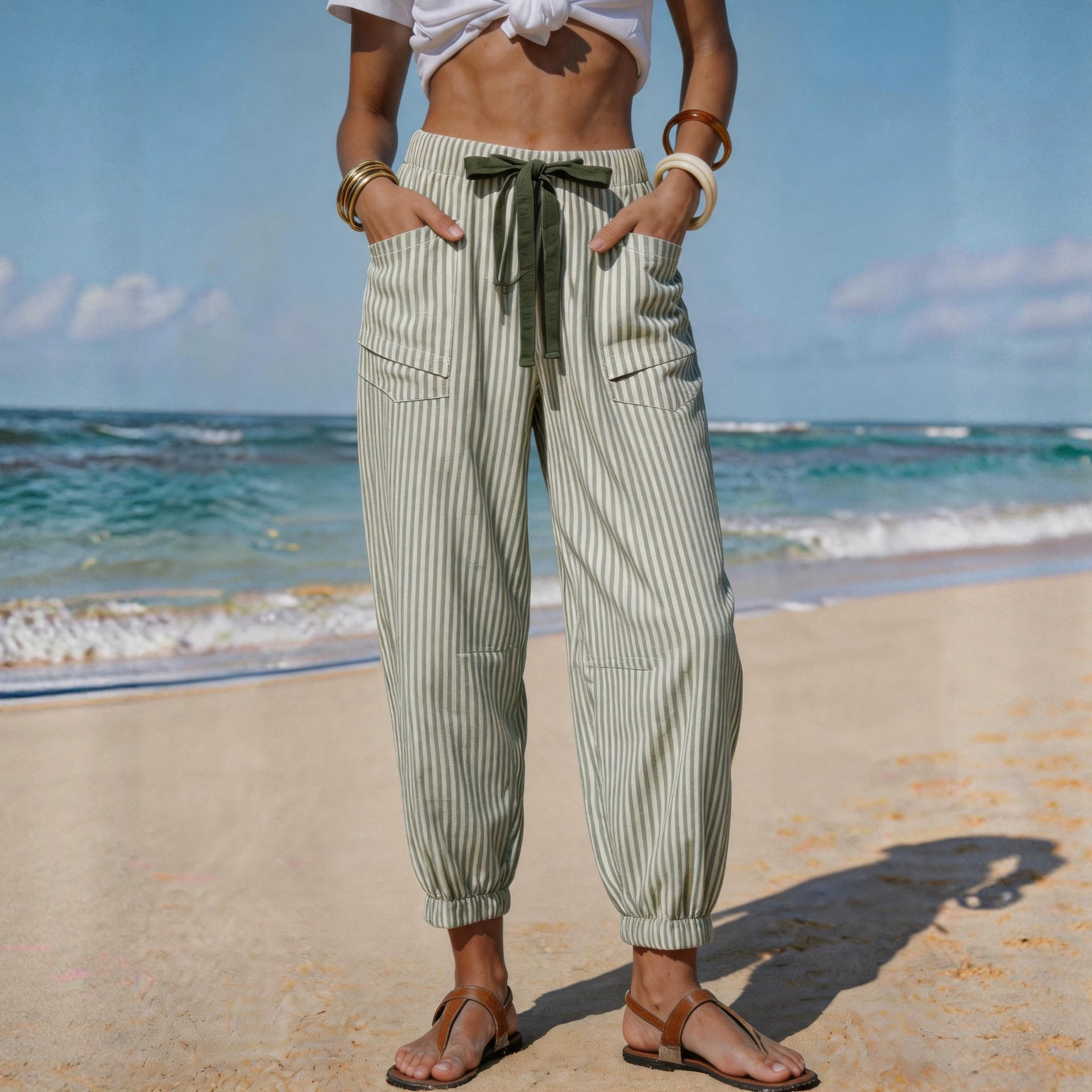 Women's Striped Linen-Like Cropped Pants with Drawstring and Pockets