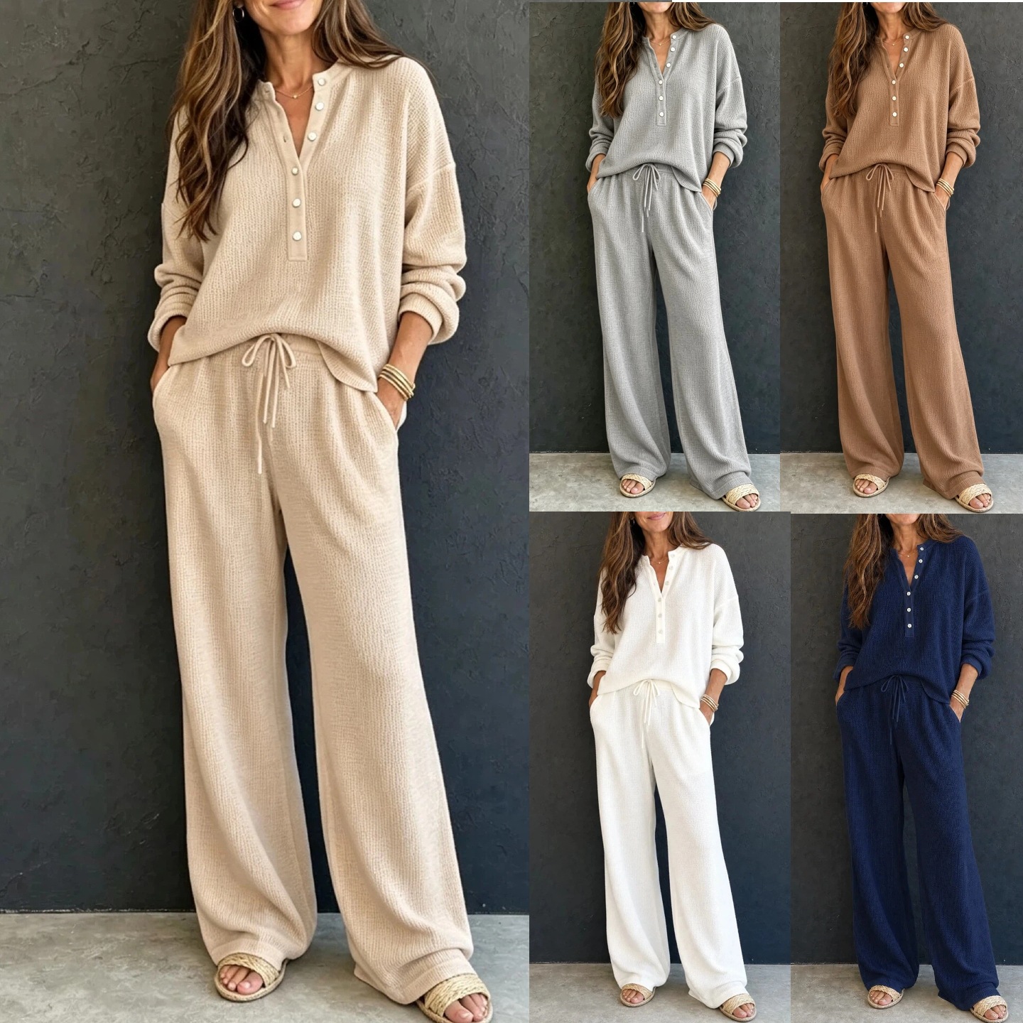 Women's Waffle Knit Long Sleeve Top & Wide Leg Pants Set Solid Color