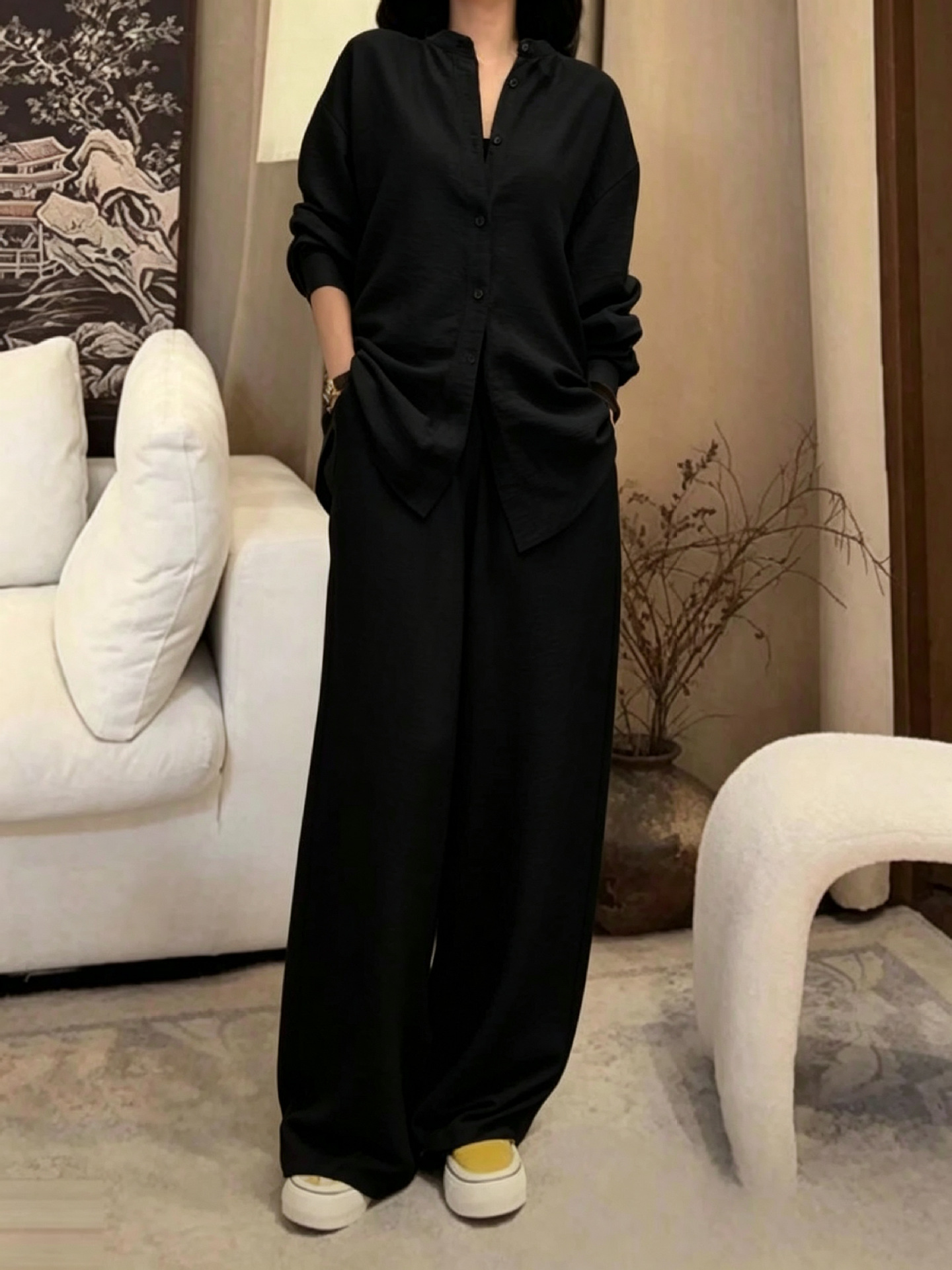 Women's Textured Two-Piece Set with Loose Shirt and High-Waist Wide-Leg Pants