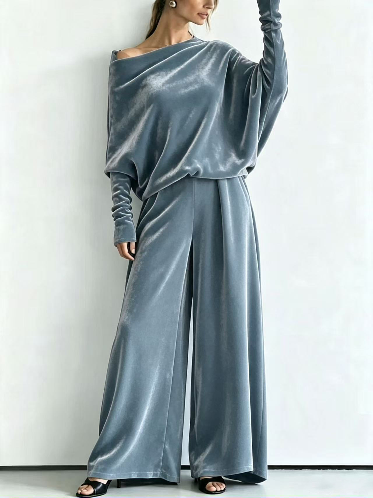 Velvet One-Shoulder Batwing Sleeve Top & High-Waist Wide-Leg Pants Set