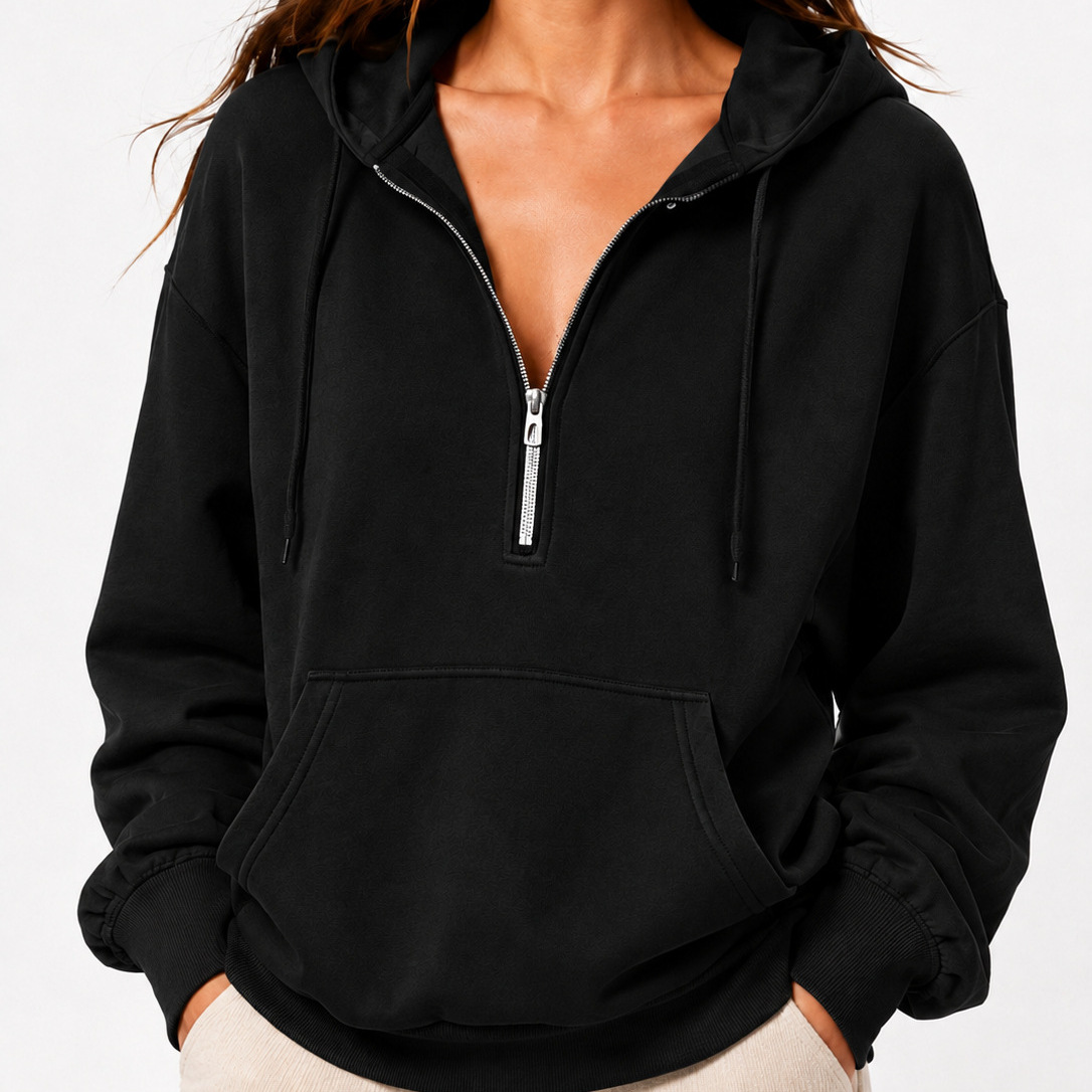 2026 Fall New Cross-Border European and American Loose Hooded Half-Zip Pocket Fall Winter Casual Sweatshirt Women's