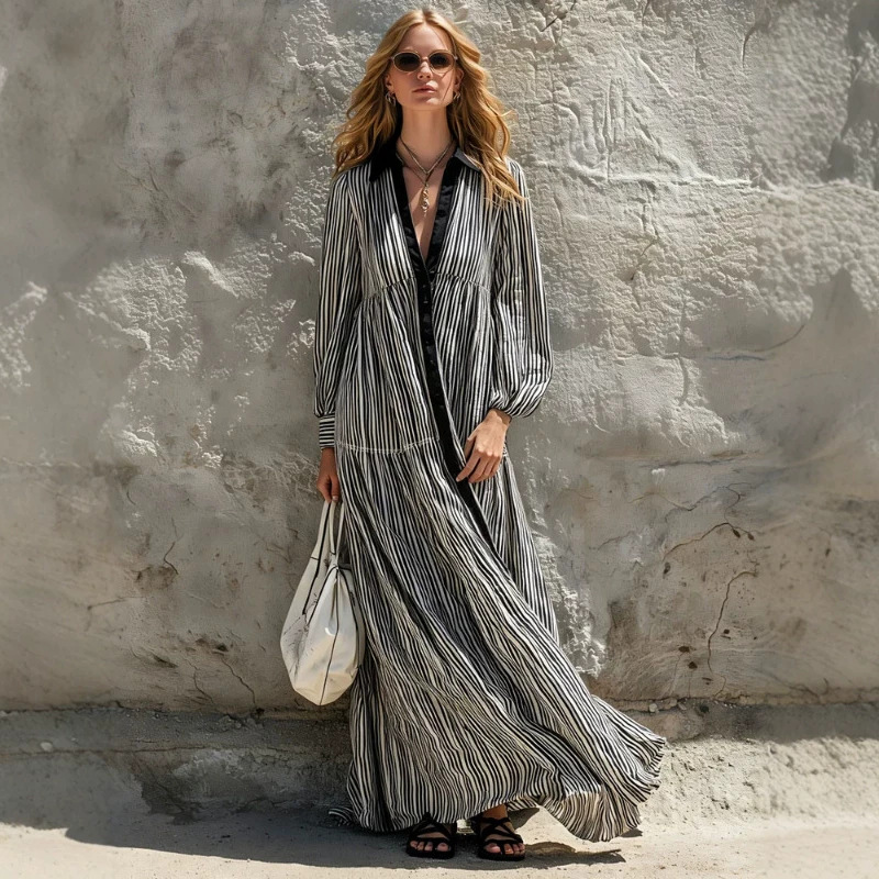 Black and White Striped Long Sleeve Dress