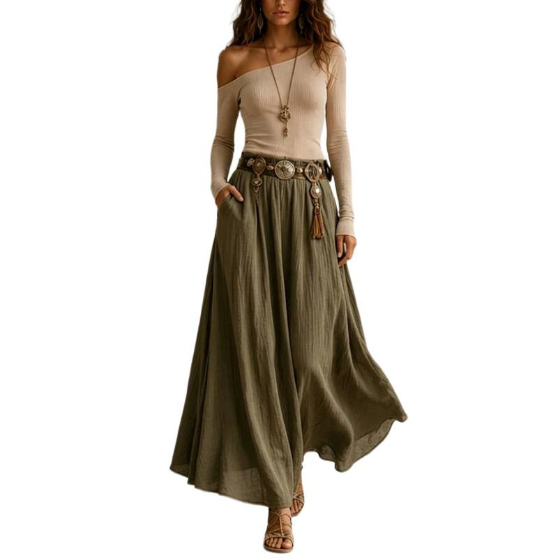 High-Waist A-Line Midi Skirt Slimming Flattering Solid Color