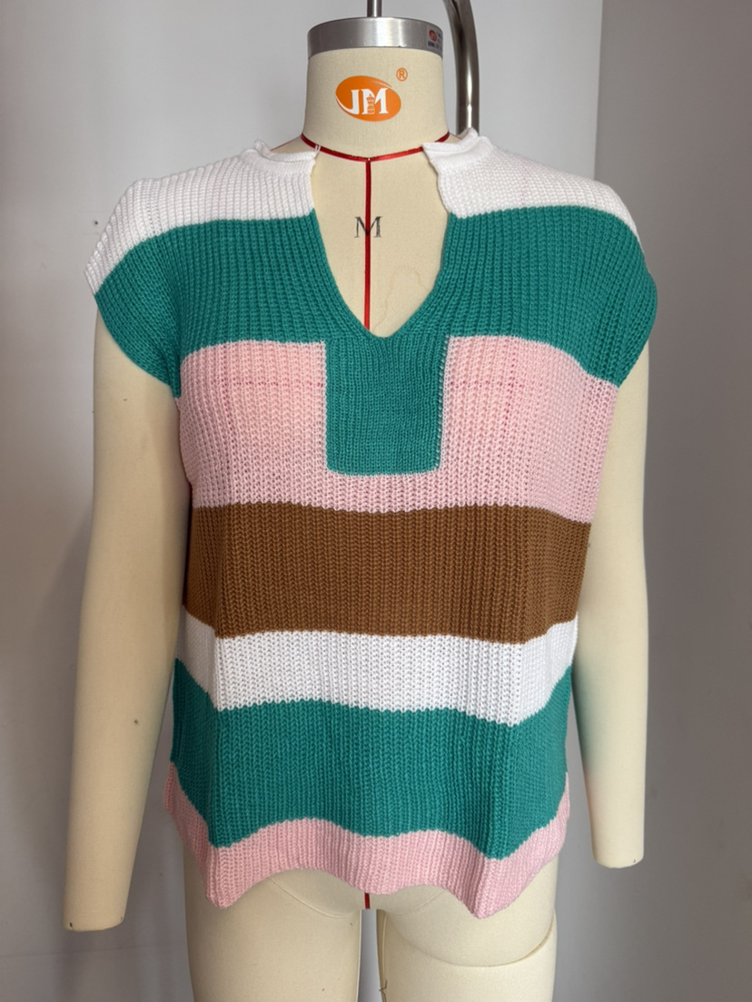 Women's Colorblock U-Neck Short Sleeve Knit Top Casual Pullover