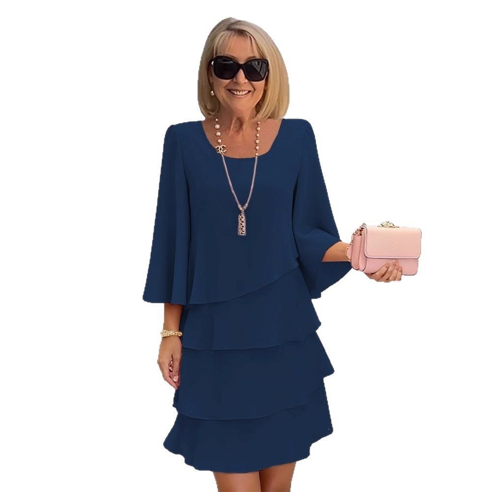 Women's Tiered Ruffle Dress Round Neck Loose Slimming Midi