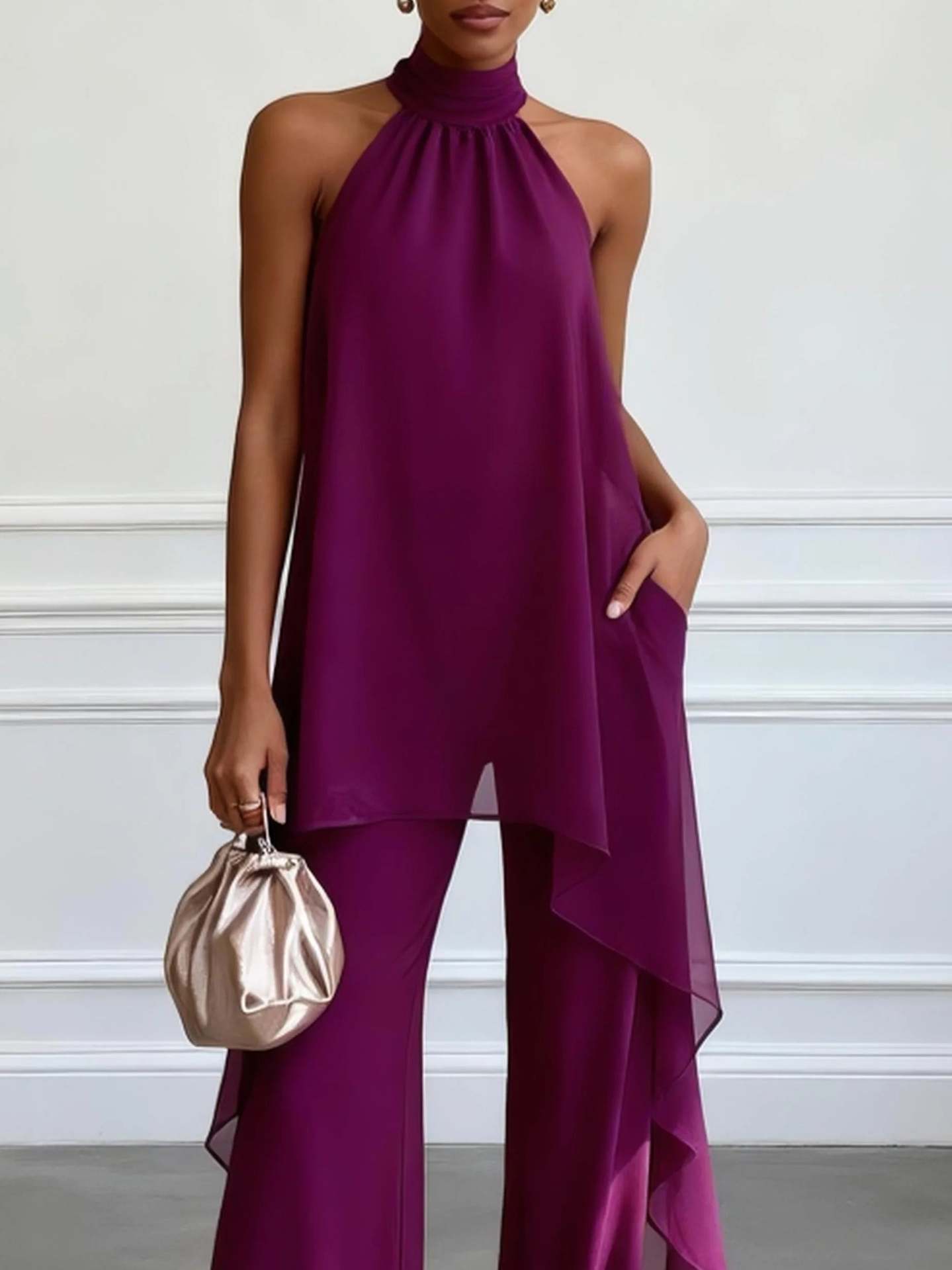 Chiffon Two-Piece Set with Halter Sleeves