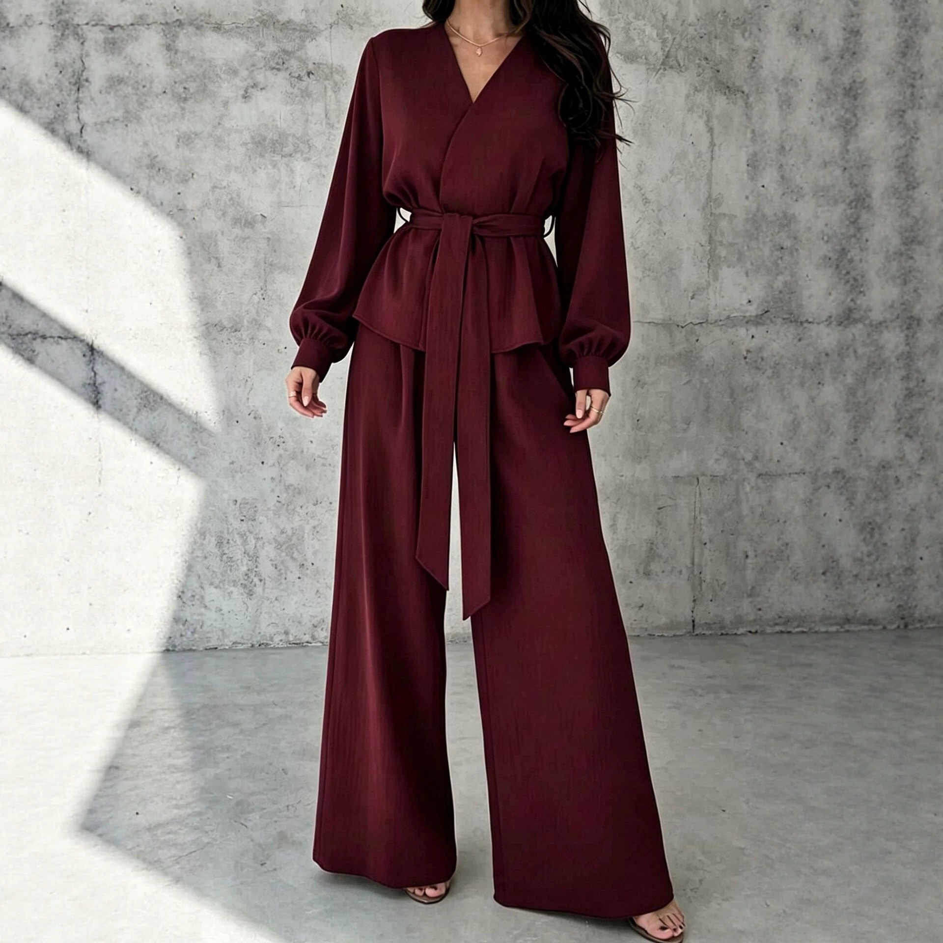 V-Neck Tie-Front Long-Sleeve Wide-Leg Two-Piece Set