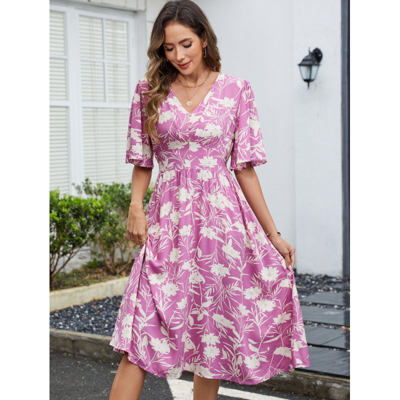 Boho Floral V-Neck Short Sleeve Cinched Waist Midi Dress