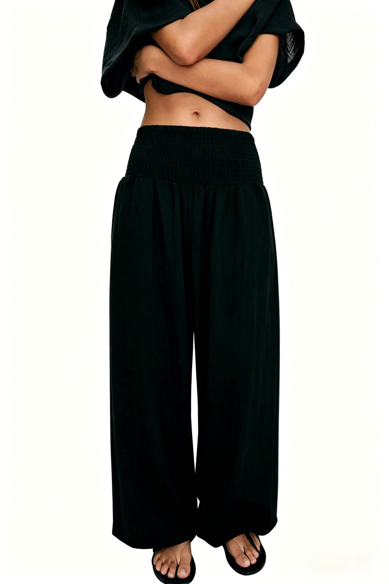 2026 Amazon New Hot-Seller Cross-Border Women's High-Waist Smocked Solid Color Cotton-Linen Fashion Casual Lantern Pants Wide-Leg Women