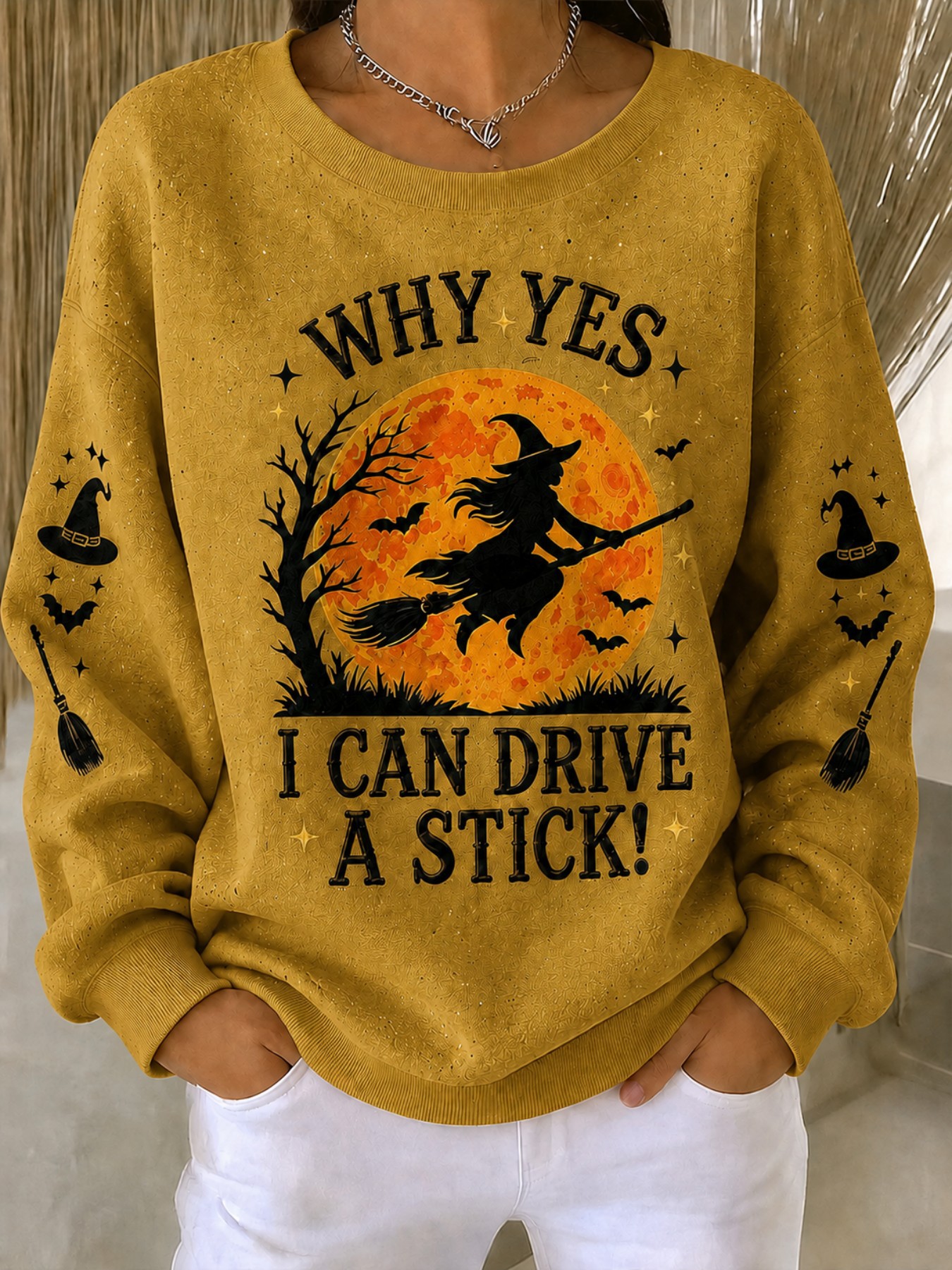 Halloween Witch Broom Flying Print Crewneck Long Sleeve Sweatshirt