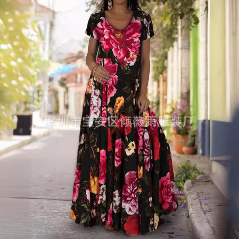 Women's Digital Print Casual Dress with Lantern Sleeves