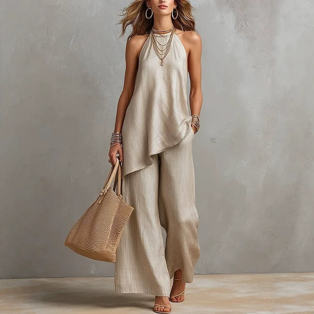 Women's Casual Crewneck Tank Top and Long Pants Solid Color Set