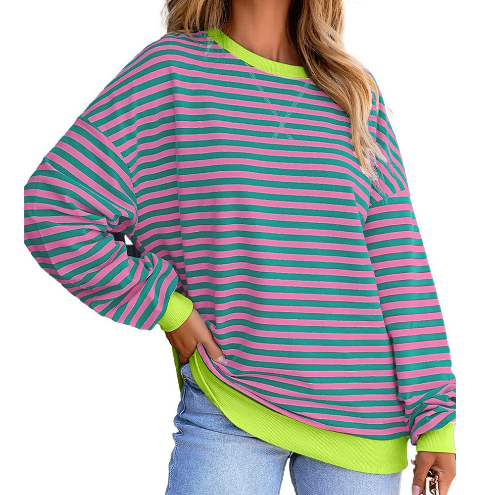 Colorful Striped Crewneck Loose Sweatshirt for Women