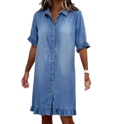 Washed Denim Dress Women's Single-Breasted High-Waist Knee-Length Short Dress