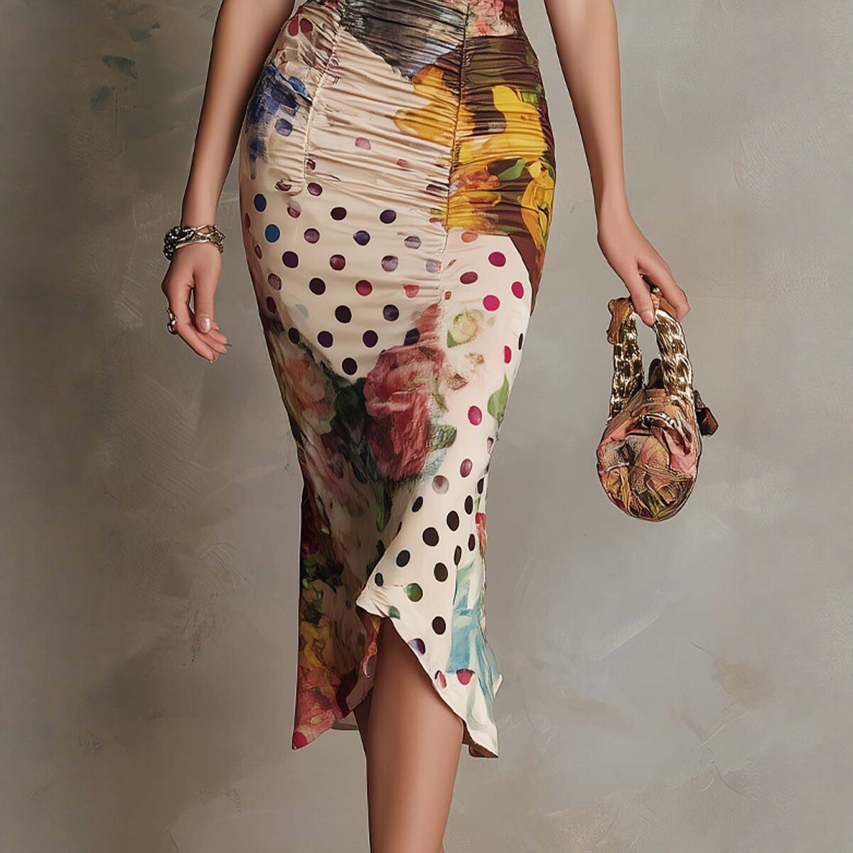 Vintage Floral Print Square Neck Midi Dress with Waist-Cinching Fit