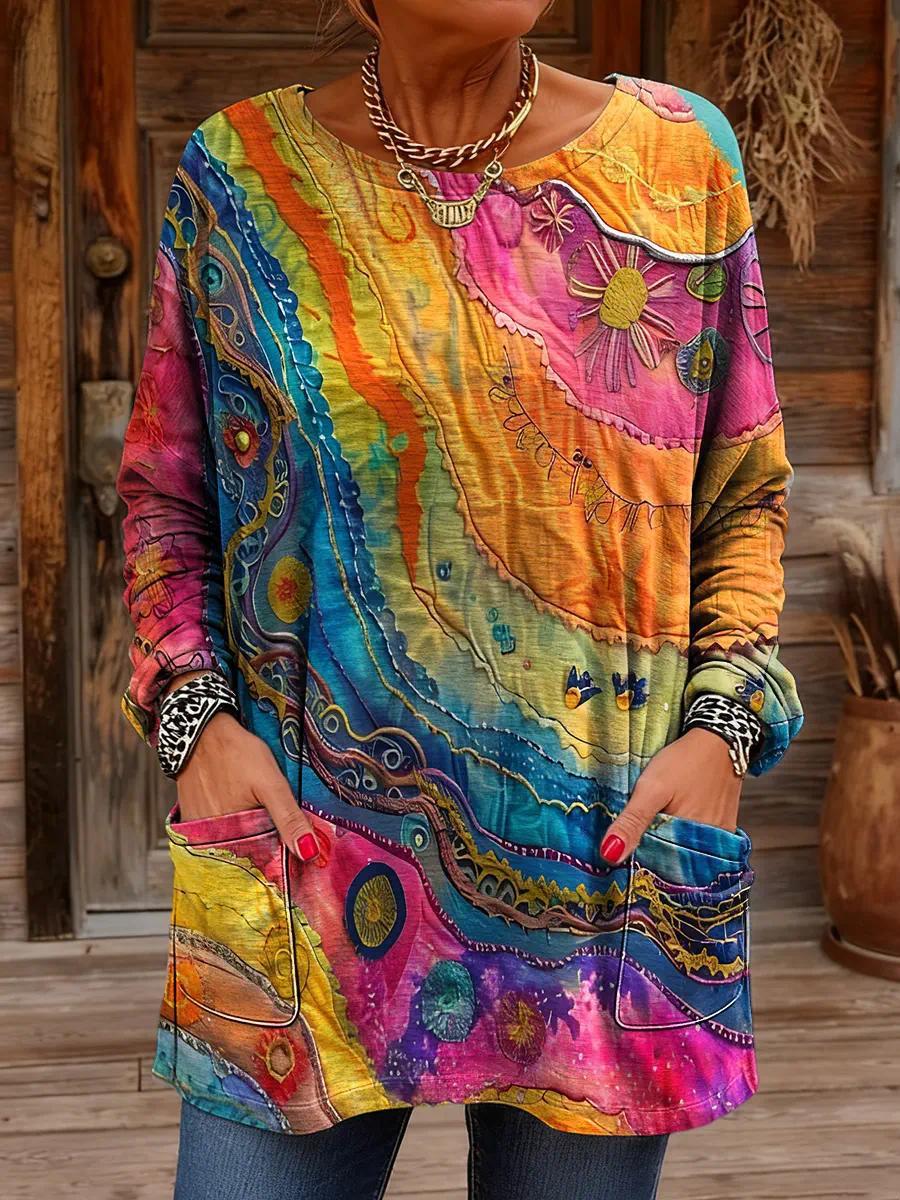 Women's Animal Print A-Line Midi Dress Long Sleeve Crew Neck Casual