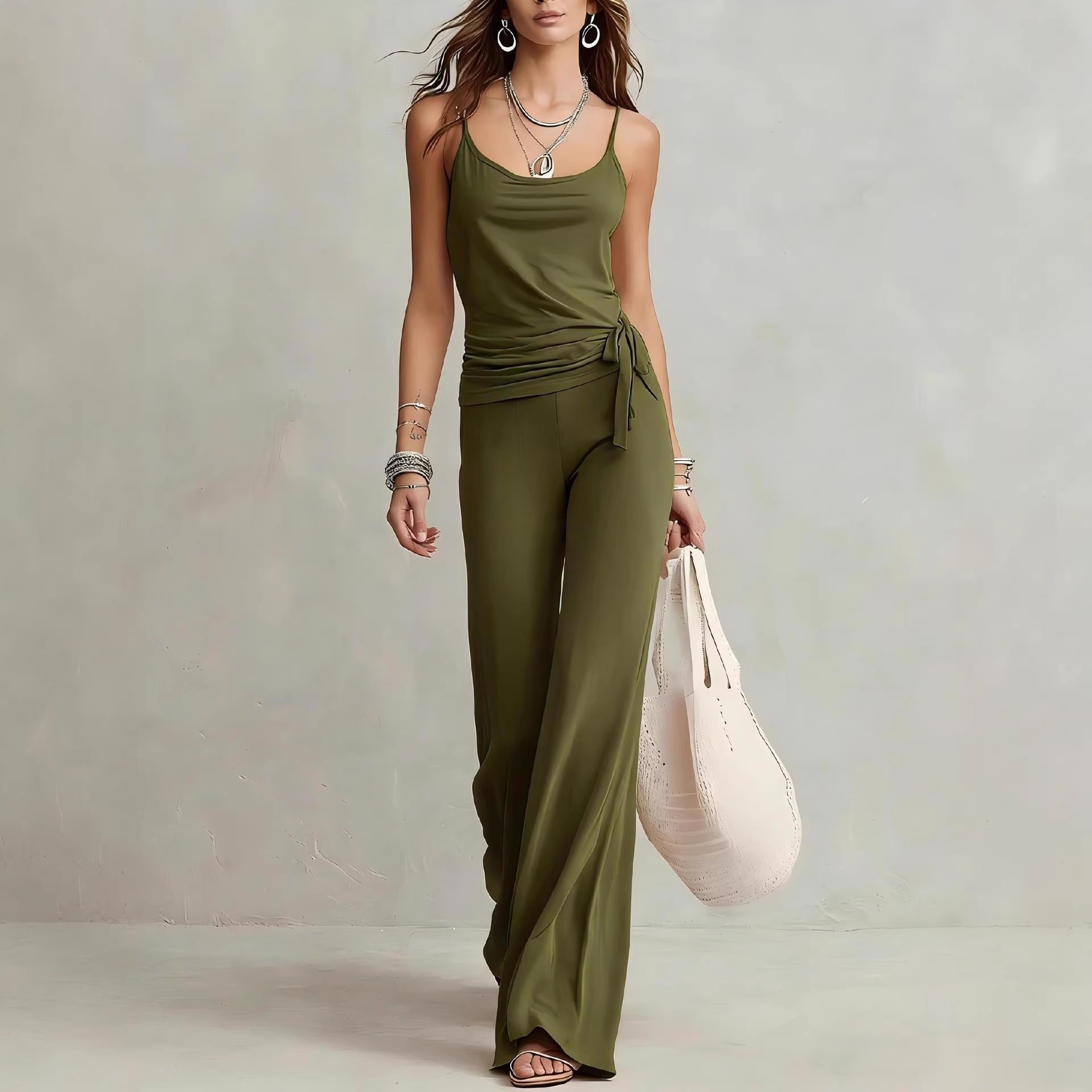 Solid Color Sleeveless Cami Top and High-Waist Wide-Leg Pants Set