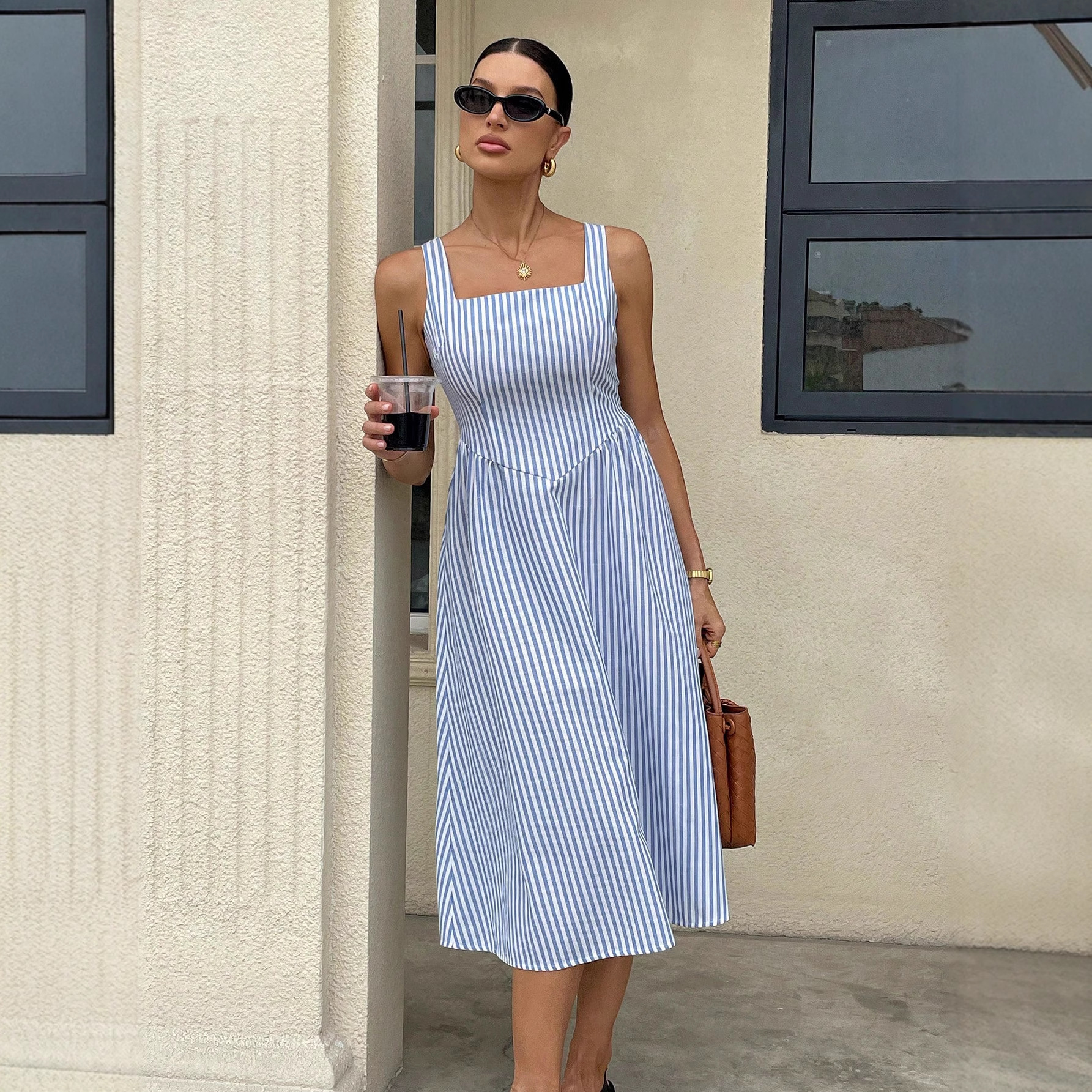 Women's Sleeveless Square Neck Striped A-Line Maxi Dress