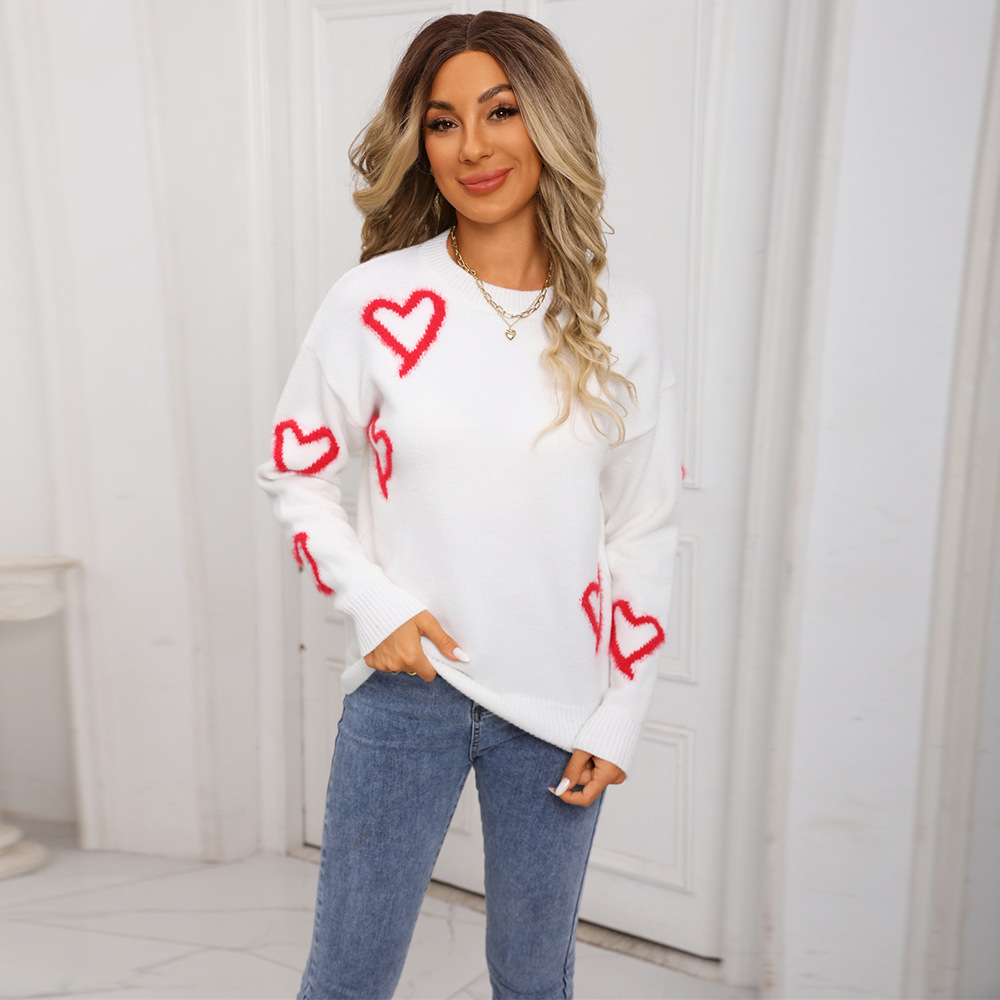Heart Pattern Crewneck Pullover Sweater Plus Size Knit Top