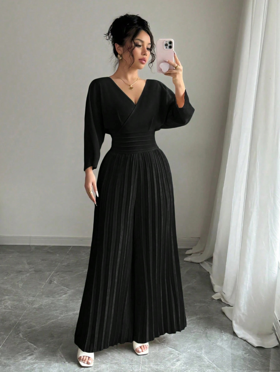 Elegant Solid V-Neck Pleated Waist-Defining Wide-Leg Jumpsuit