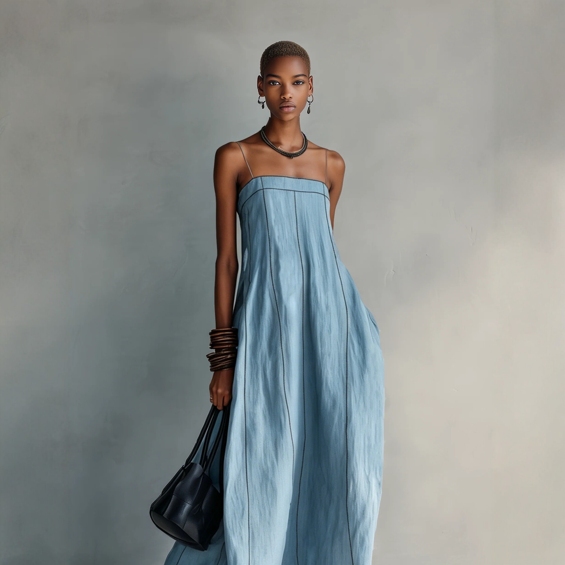 Women's Contrast Stitch Linen-Blend Sleeveless Maxi Dress Relaxed Fit