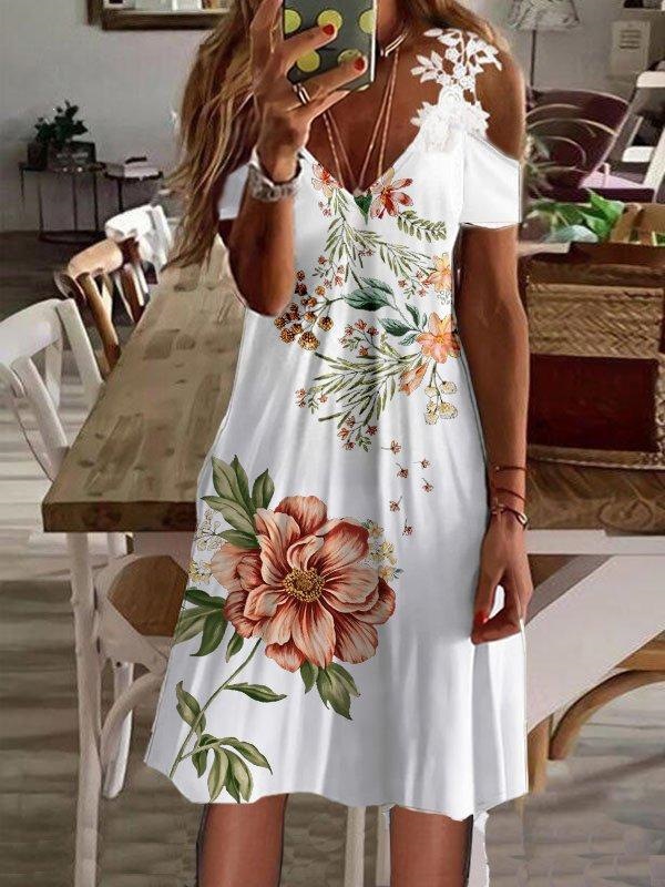 Women's Floral Print Off-Shoulder Lace Short Sleeve Dress