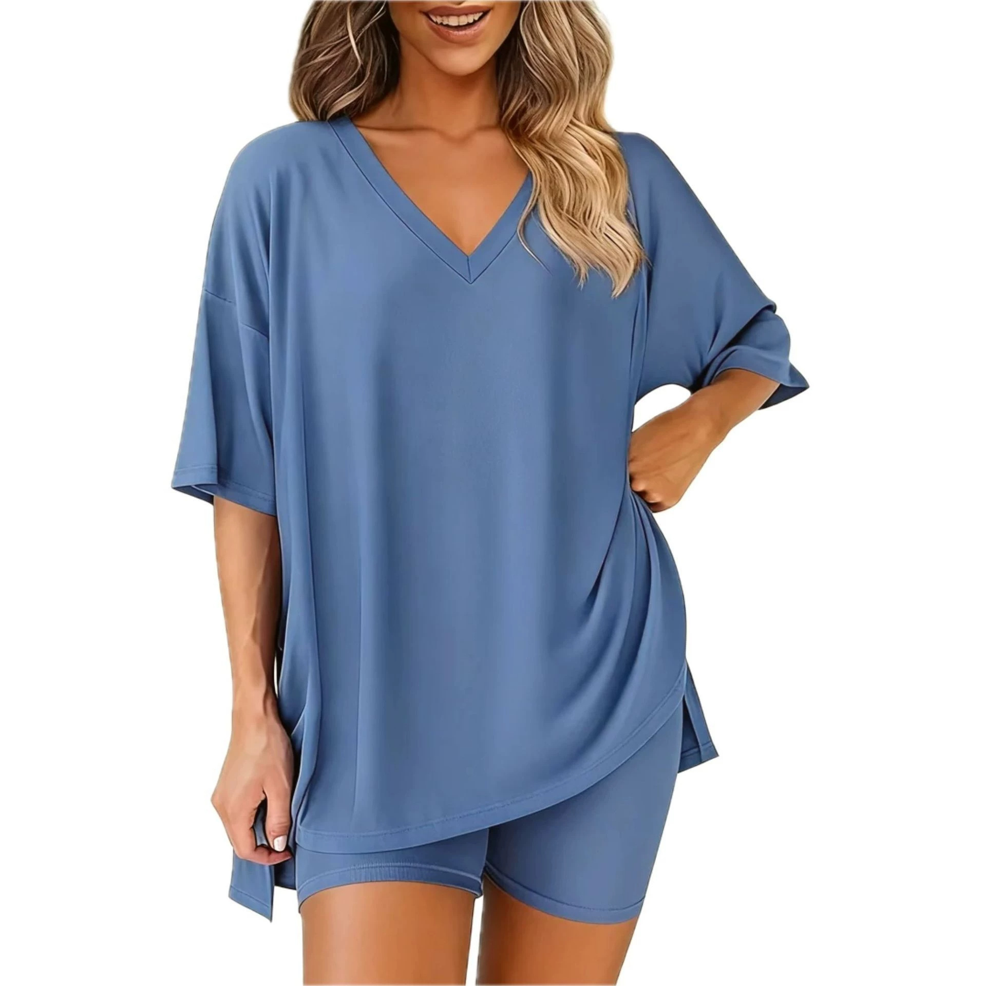 Women's V-Neck Solid Color Loose Pajama Set
