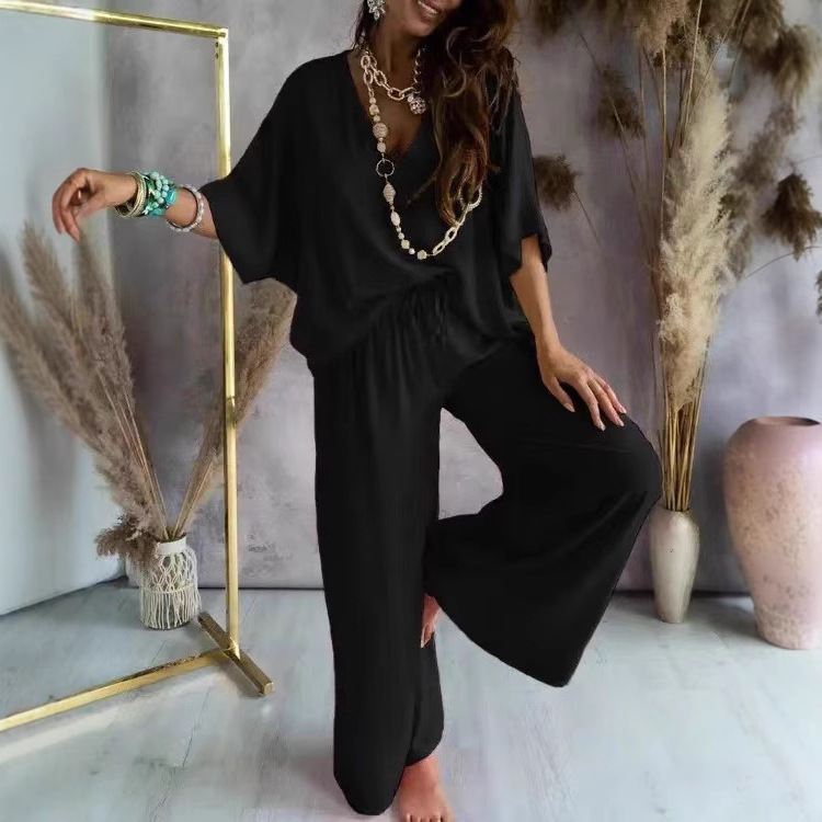 V-Neck Batwing Sleeve Wide-Leg Pants Set Women Casual Loose Two-Piece