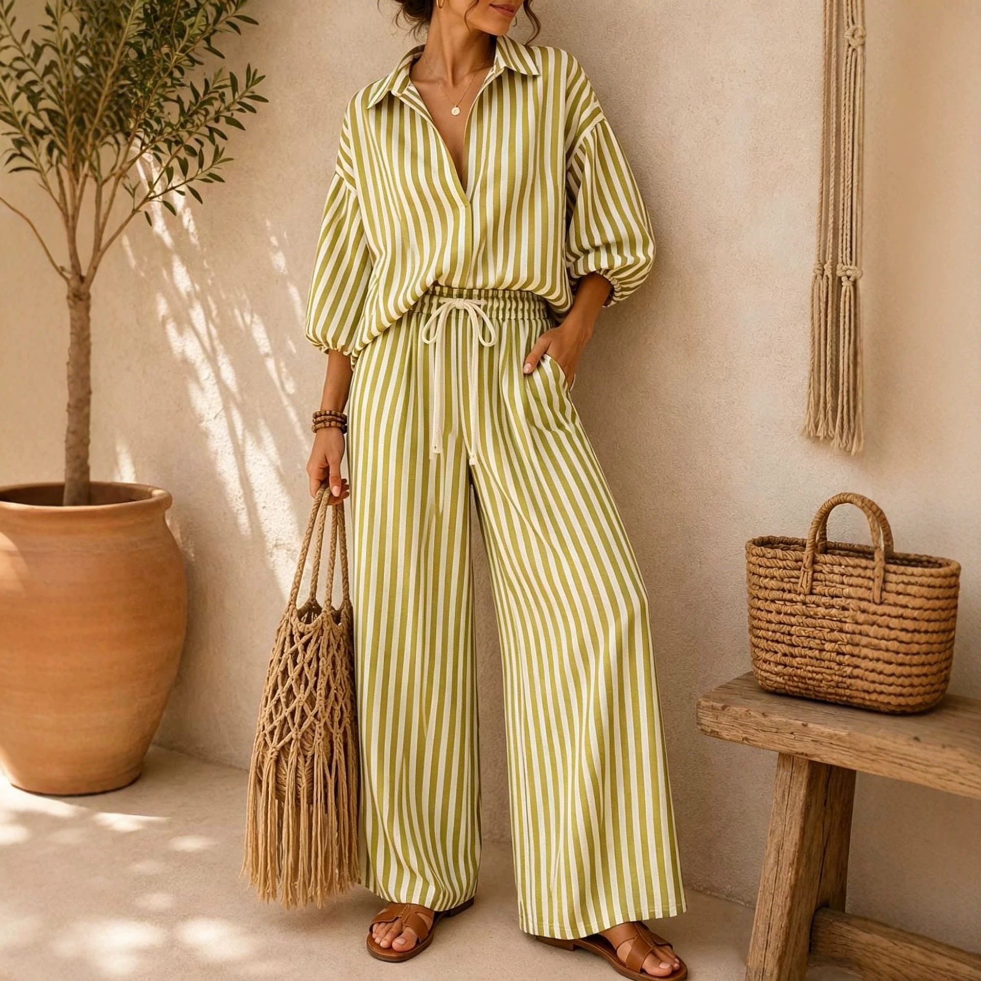 Striped Top & Solid Wide-Leg Pants Two-Piece Set