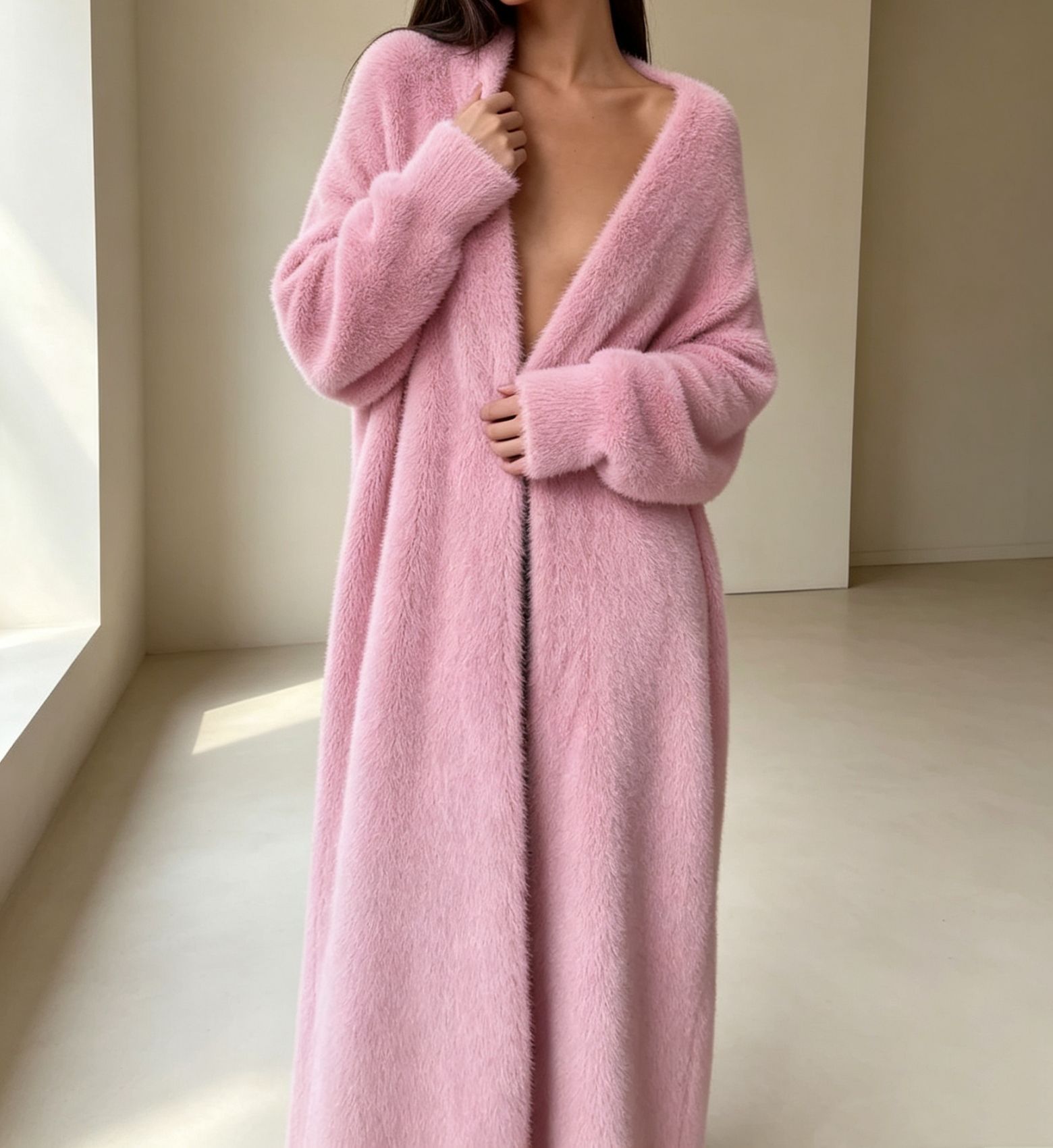 Women's Long Over-Knee Cardigan Sweater Loose Faux Mink Coat