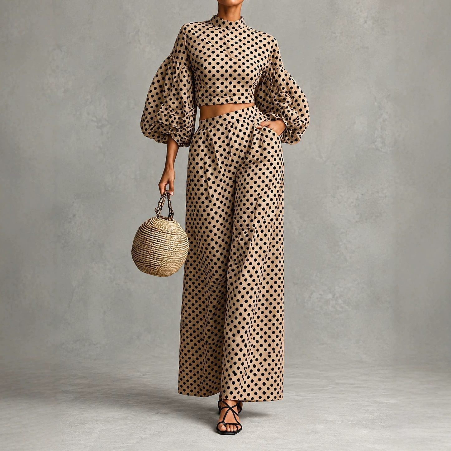 Polka Dot Lantern Sleeve Crop Top & High-Waist Wide-Leg Pants Two-Piece Set