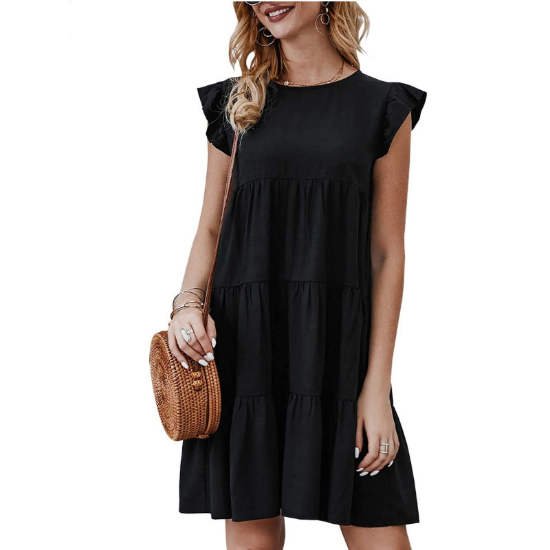 Women's Solid Crewneck Short Sleeve Tiered Ruffle Midi Dress