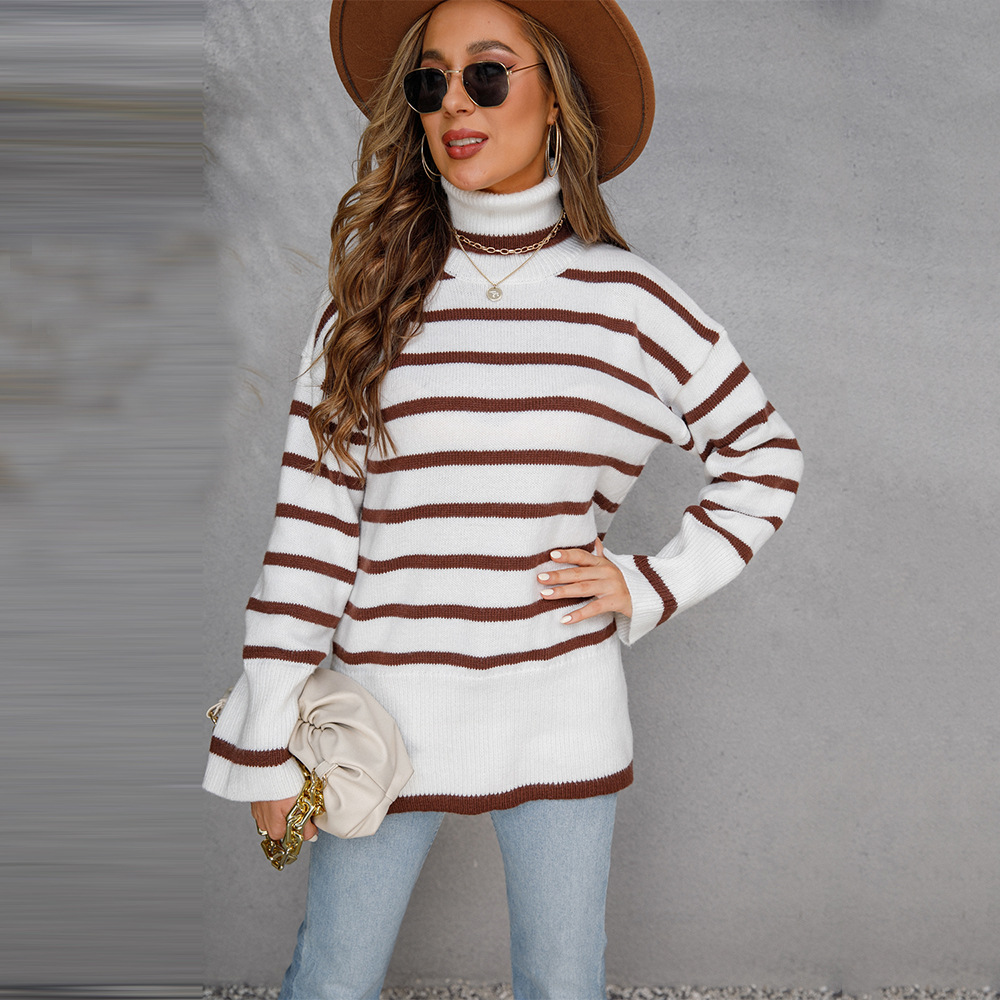 Striped Knit Pullover Sweater with High Neck and Slit, Loose Fit, White/Black