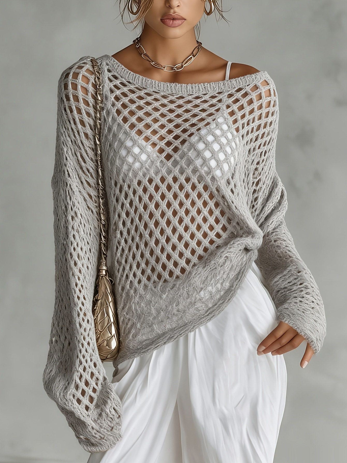 Long Sleeve Sheer Open Knit Beach Cover-Up