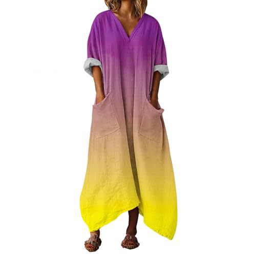 Women's Colorful Gradient A-Line Midi Dress with Deep V-Neck and Long Sleeves