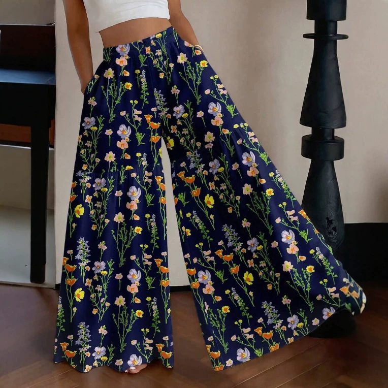 High-Waist Floral Wide-Leg Pants Casual Loose Fit