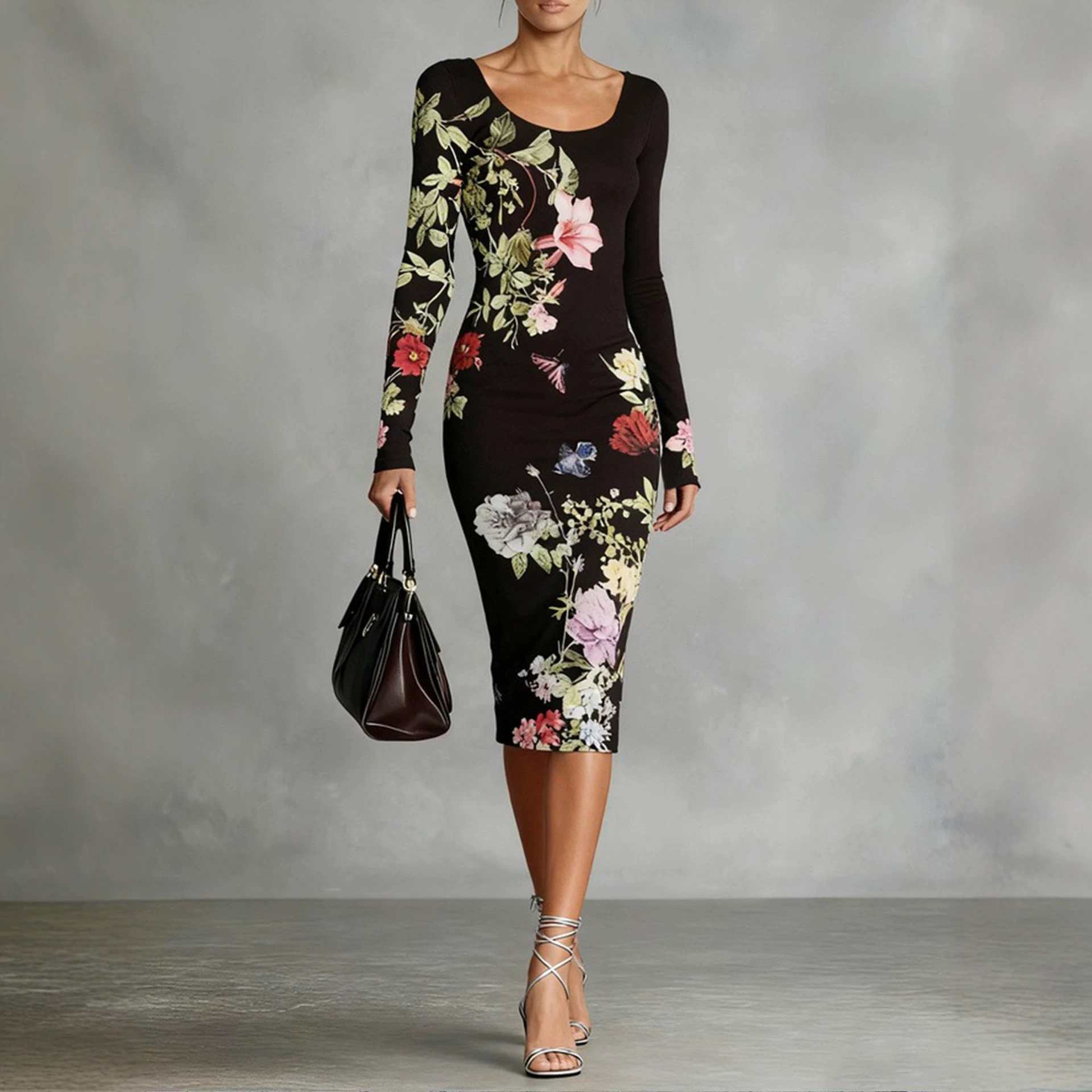 Elegant Floral Print Round Neck Midi Dress Slimming Long Sleeve Women's