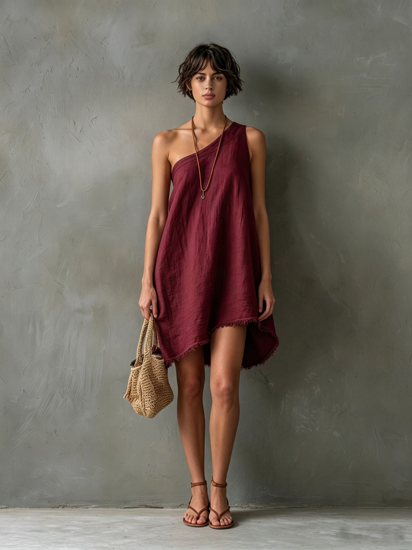 Minimalist Linen-Blend One-Shoulder Sleeveless Frayed Mini Dress