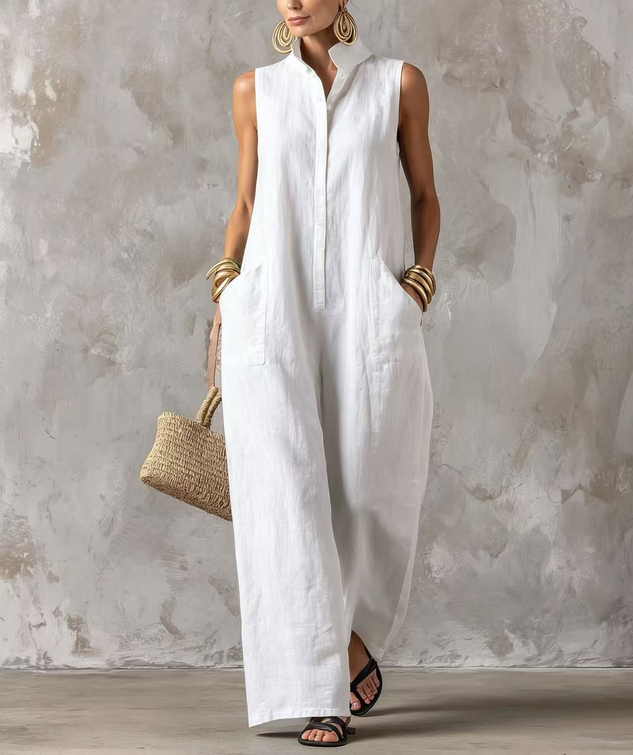 Women's Linen-Blend Sleeveless Button-Front Jumpsuit with Stand Collar