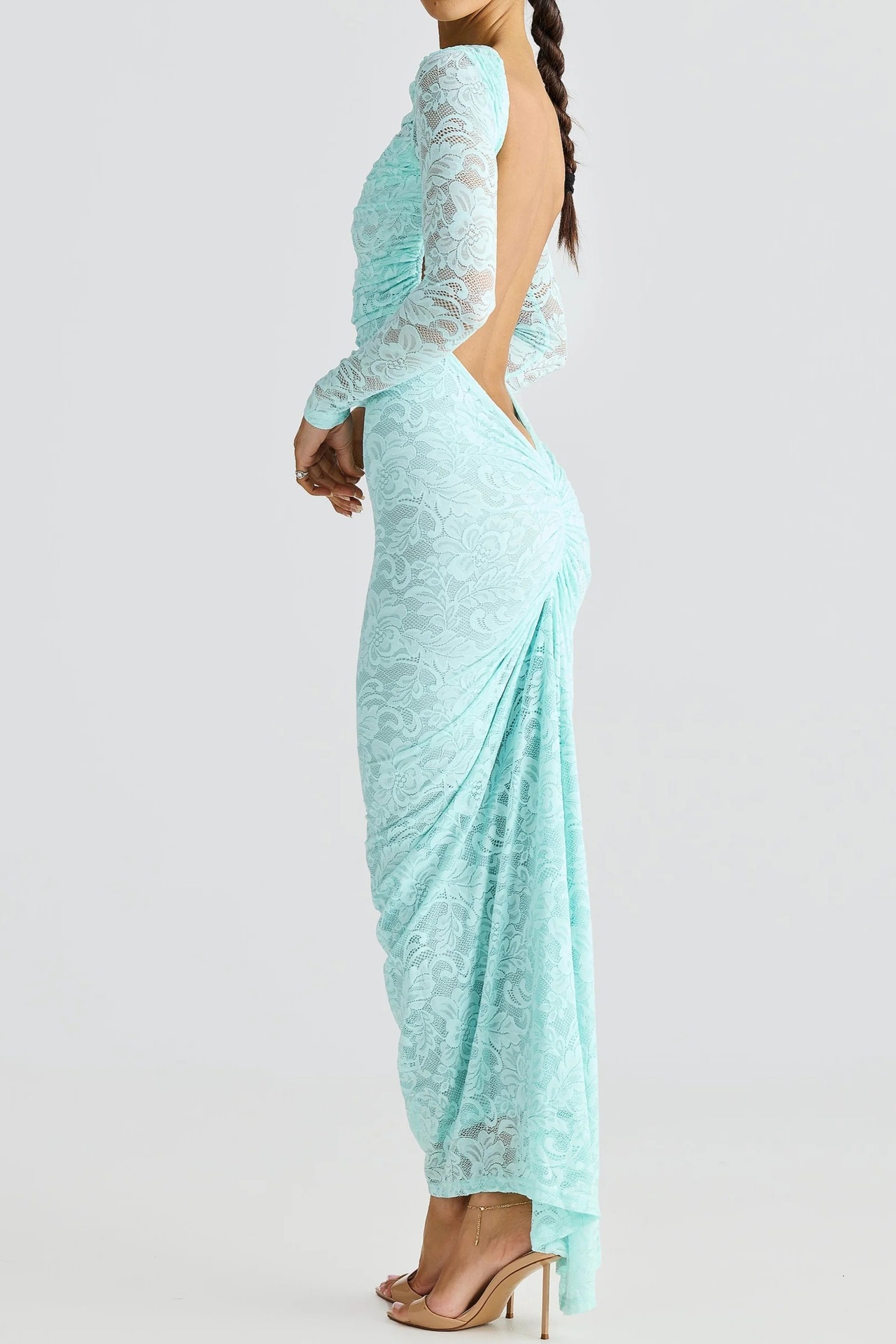 Sheer Lace Long Sleeve Open Back Bodycon Maxi Dress