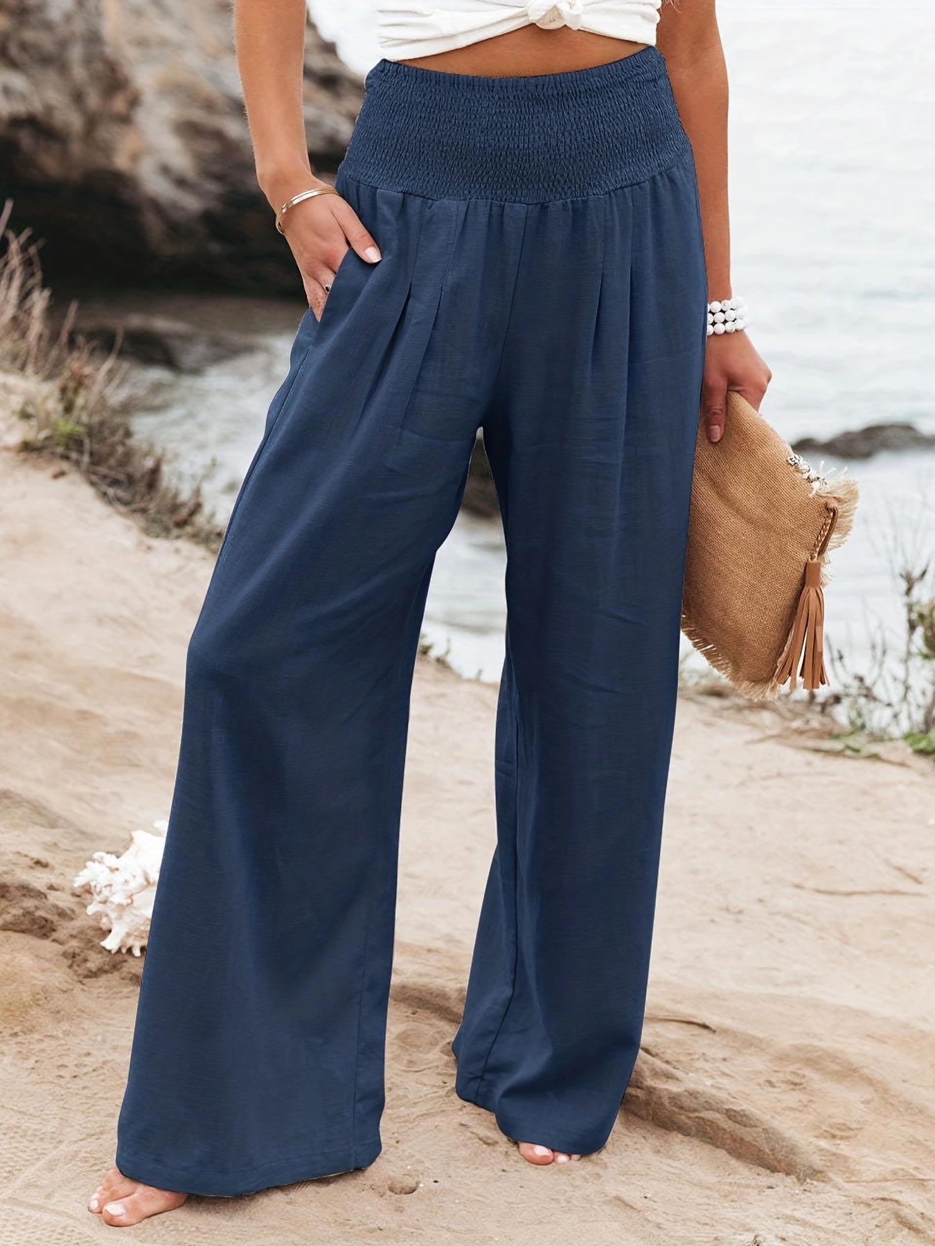 Women's Casual Cotton Distressed Mid-Rise Wide-Leg Pants