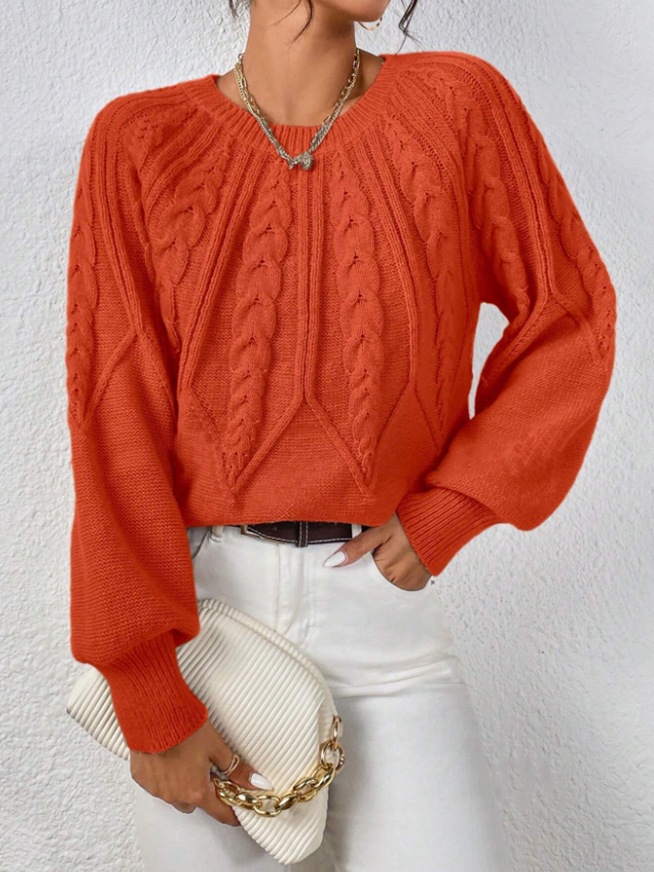 Women's Cable Knit Crewneck Pullover Sweater Solid Color Casual Top