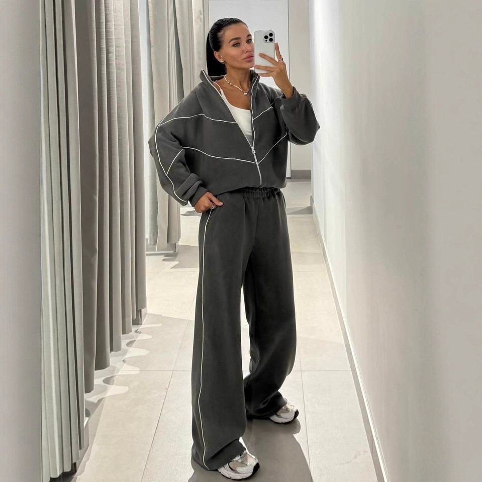 Women's Casual Two-Piece Set Long Sleeve Half-Turtleneck Cardigan Sweatshirt and Striped Pants