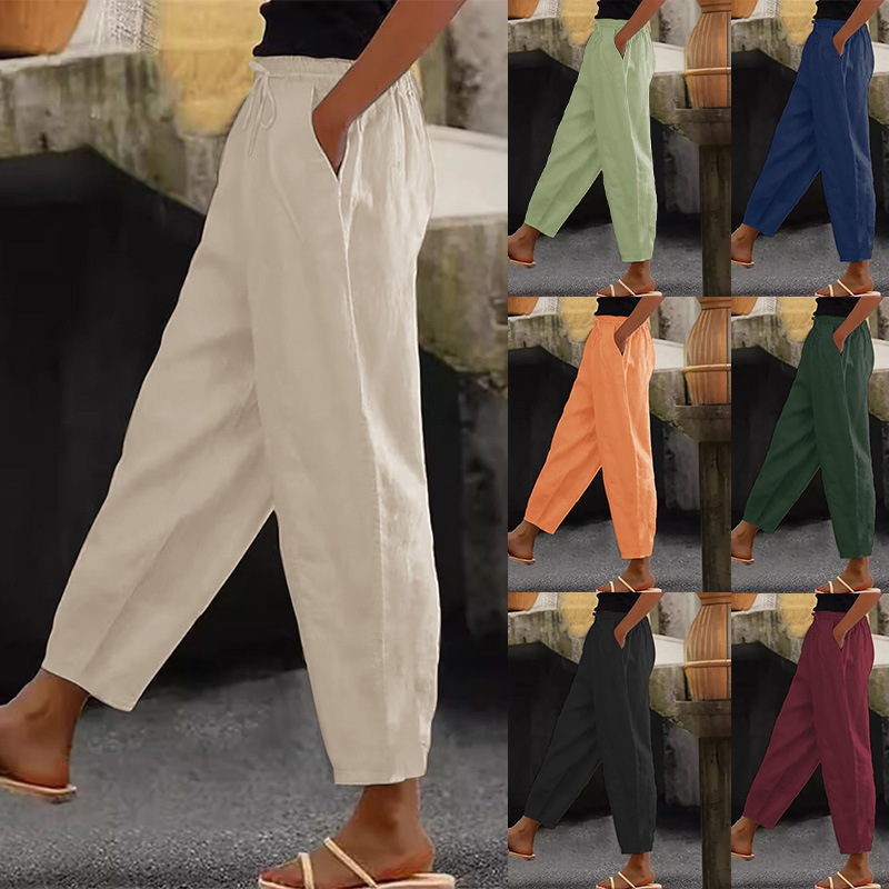 Women's Cotton Linen Straight-Leg Cropped Pants with Side Pockets and Drawstring