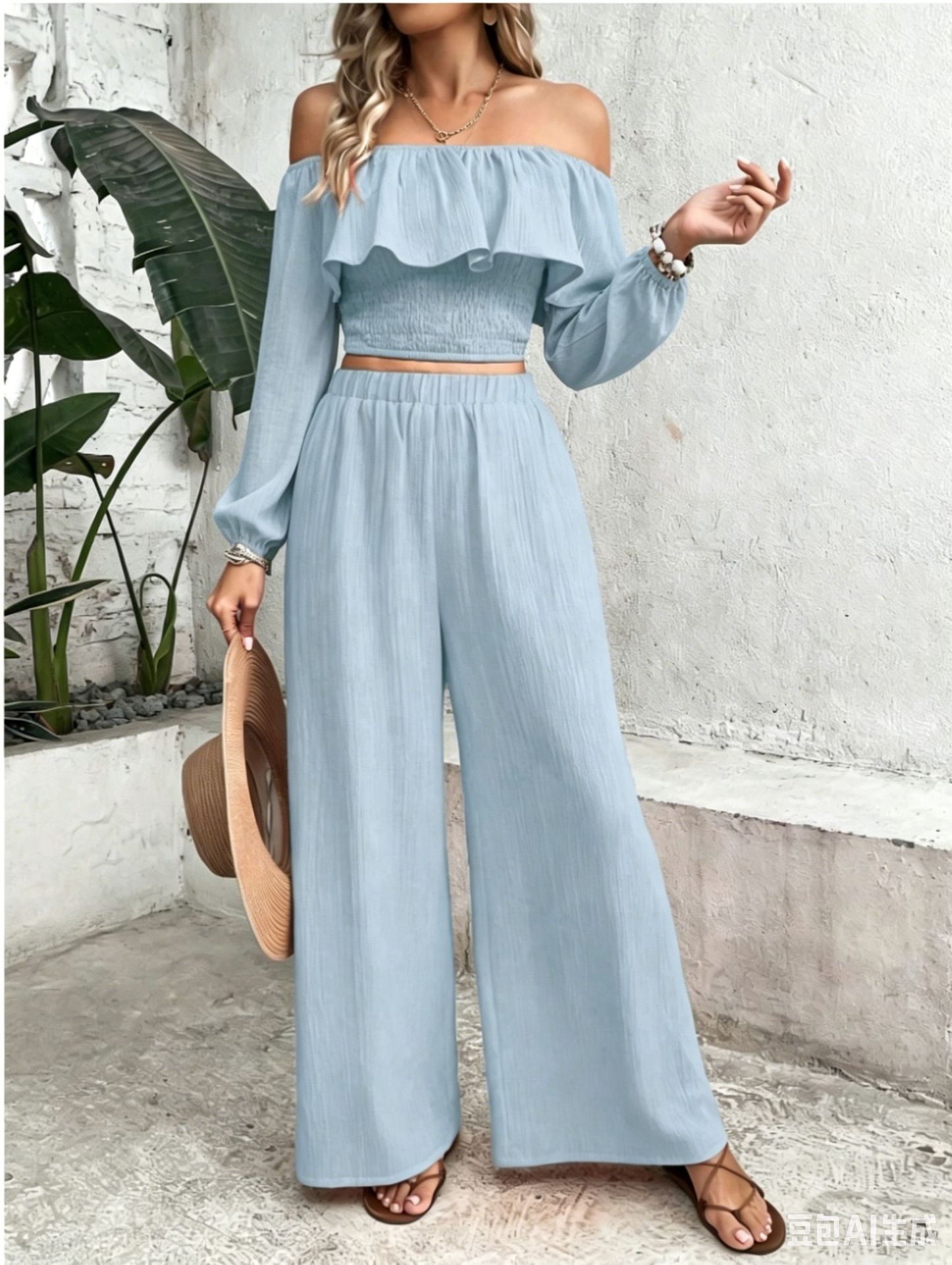 Women's Boho Off-Shoulder Ruffle Top & High-Waist Wide-Leg Pants Set