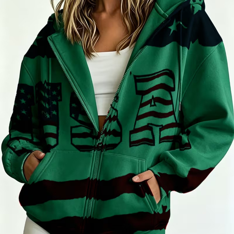 Women's Colorblock USA Flag Striped Zip-Up Hoodie