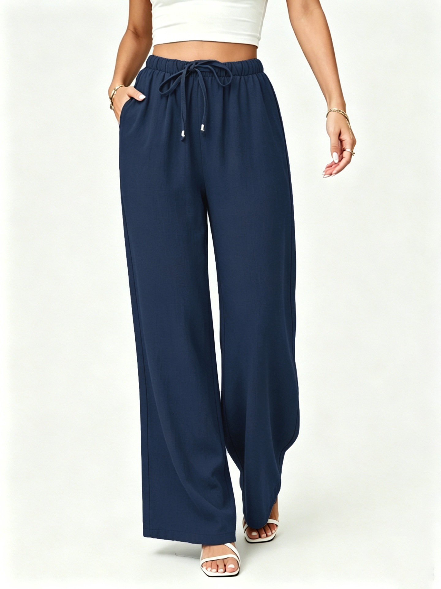 Women's Linen-Blend Drawstring High-Waist Wide-Leg Pants