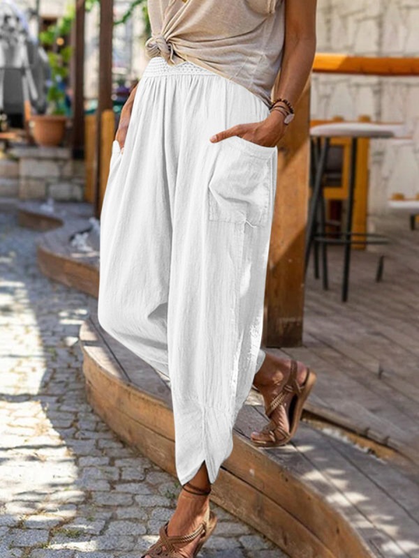 Women's Cotton Linen Wide Leg Harem Pants Casual Beach Trousers