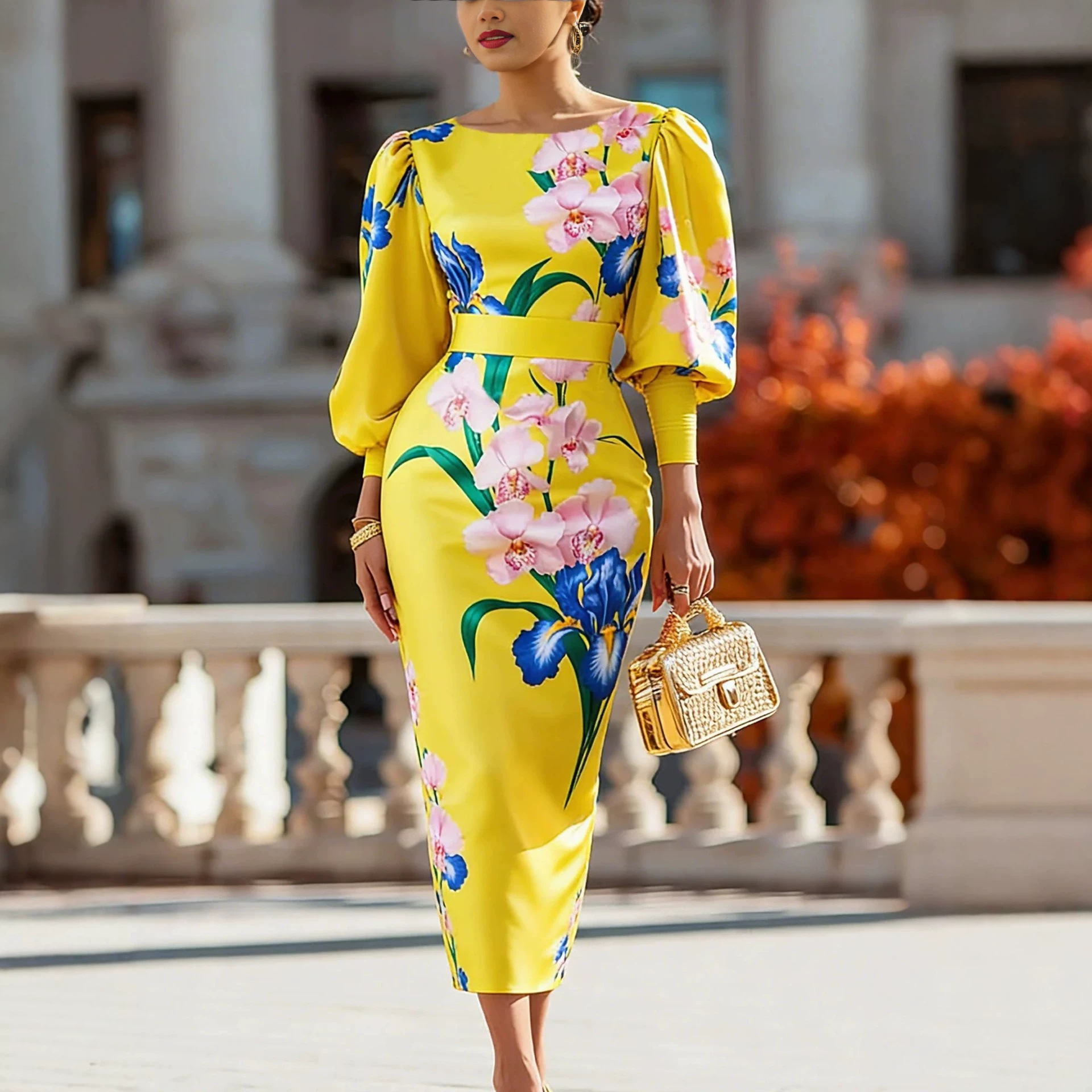 Yellow Floral Print Boat Neck Puff Sleeve Bodycon Midi Dress