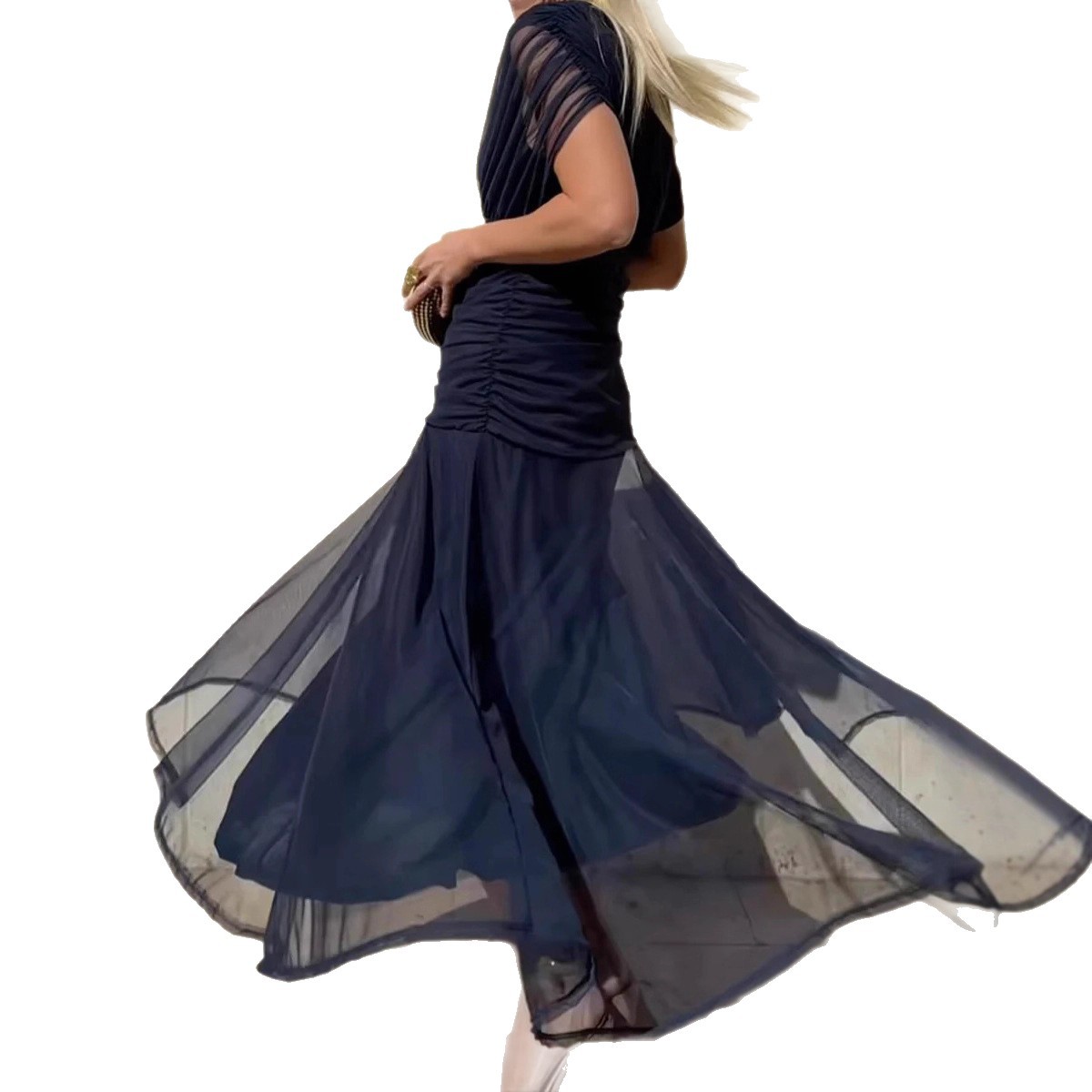 Elegant Solid Deep V-Neck Waist-Cinched Mesh Dress